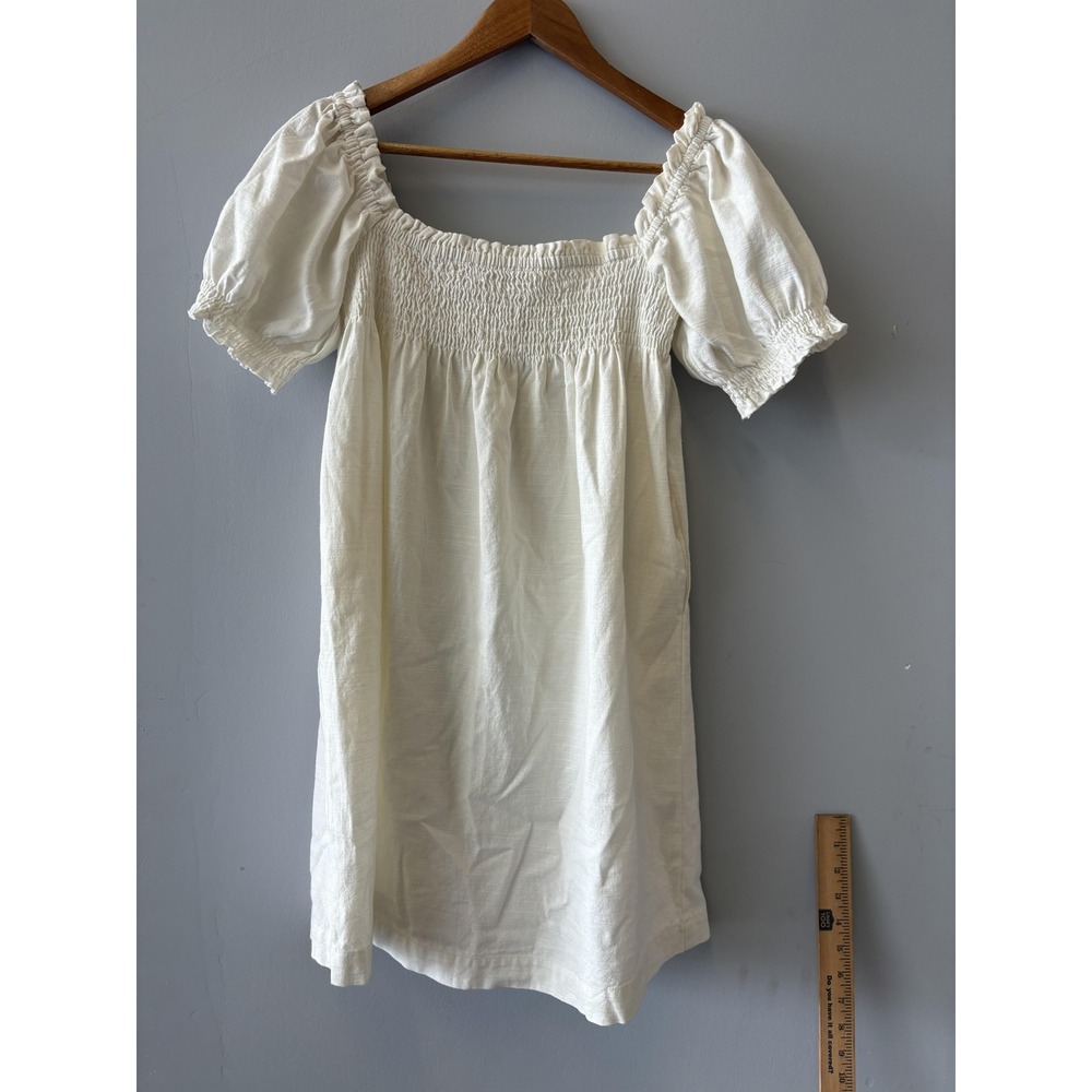 Faherty Ramona White Smockedβ Puff Sleeve Organic Cotton Mini Dress Size S